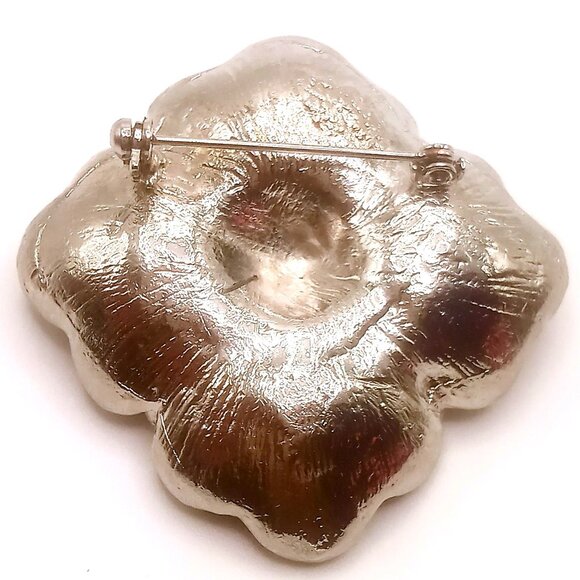 Vintage Brooch Floral Silver-tone Metal Alloy Red Enamel Rhinestone 2" Diameter - Picture 4 of 8